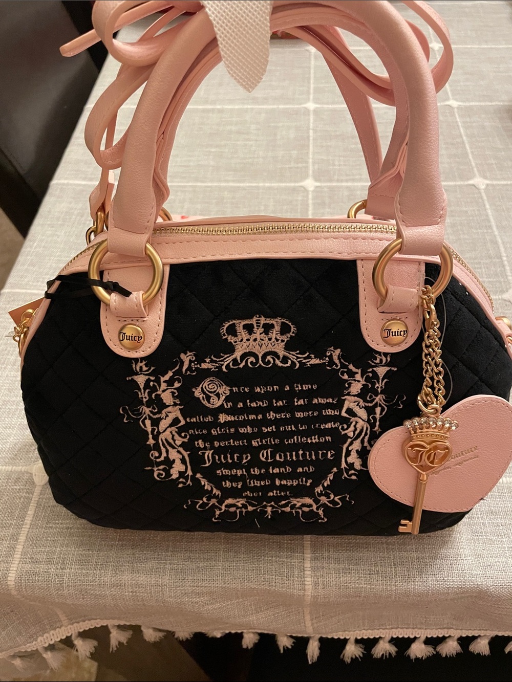 Juicy Couture Black Quilted Satchel with Blush Pink Trim Gold Jewel Key Charm